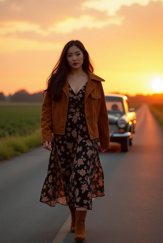  (photorealism:1.2), Professional portrait, a curve asian woman with long black hair, wearing a black floral dress, wearing suede jacket brown, wearing suede boot brown, walking 
depicts a vintage car driving down a straight road that stretches to the horizon. The road appears to be in a rural area with farmland on either side, and the time of day appears to be either sunrise or sunset due to the warm color of the sky and the long shadows cast on the road. cinematic