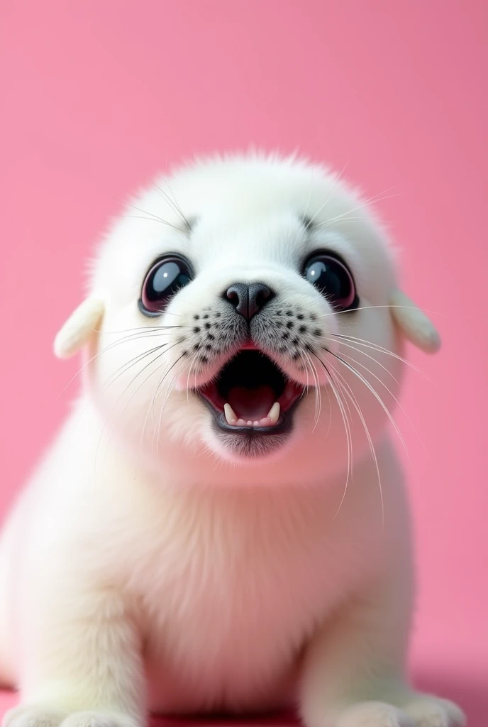 A close-up of a white seal pup with a surprised expression, featuring its mouth open in an 'O' shape and wide, dark eyes. The pup's soft, plush fur is finely detailed, with its small, round head enhancing the look of shock. The background is a bright pink color, providing a strong contrast to the white fur. The composition is vibrant and focused on the seal pup’s expressive face, creating a playful and endearing image.