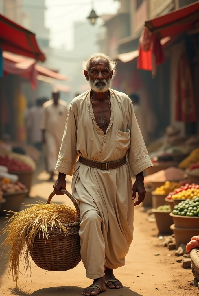 A realistic image of a modern. A poor islamic old man took his paddy to market