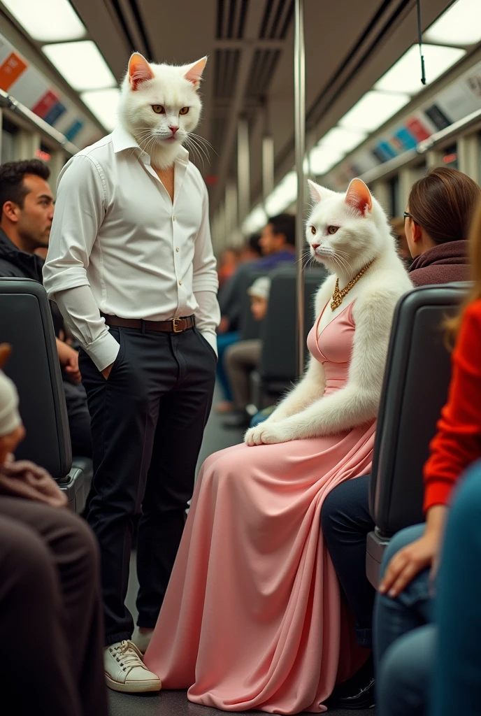A tall white cat dressed in white shirt and white black jeans sitting on left side seat and a white tall beautiful cat dressed in pink full length Maxie travelling in train full of passengers sitting on right side seat