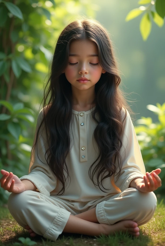 Girl with long dark hair, She is sitting and meditating with gray-blue eyes .HP (Best quality,4K,8 K,a high resolution,masterpiece:1.2),ultra detailed,(realistic,photorealistic,photo-realistic:1.37),HDR,studio lighting,very detailed face body clothing