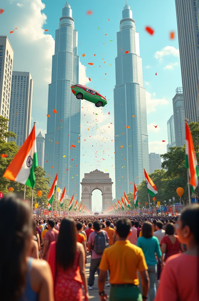 Modern India with advanced tall buildings and flying cars infront of India gate with Indian citizens celebrating independence day