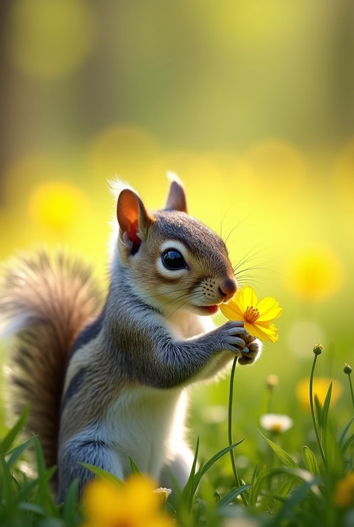 A  Squirrel smelling a yellow flower 