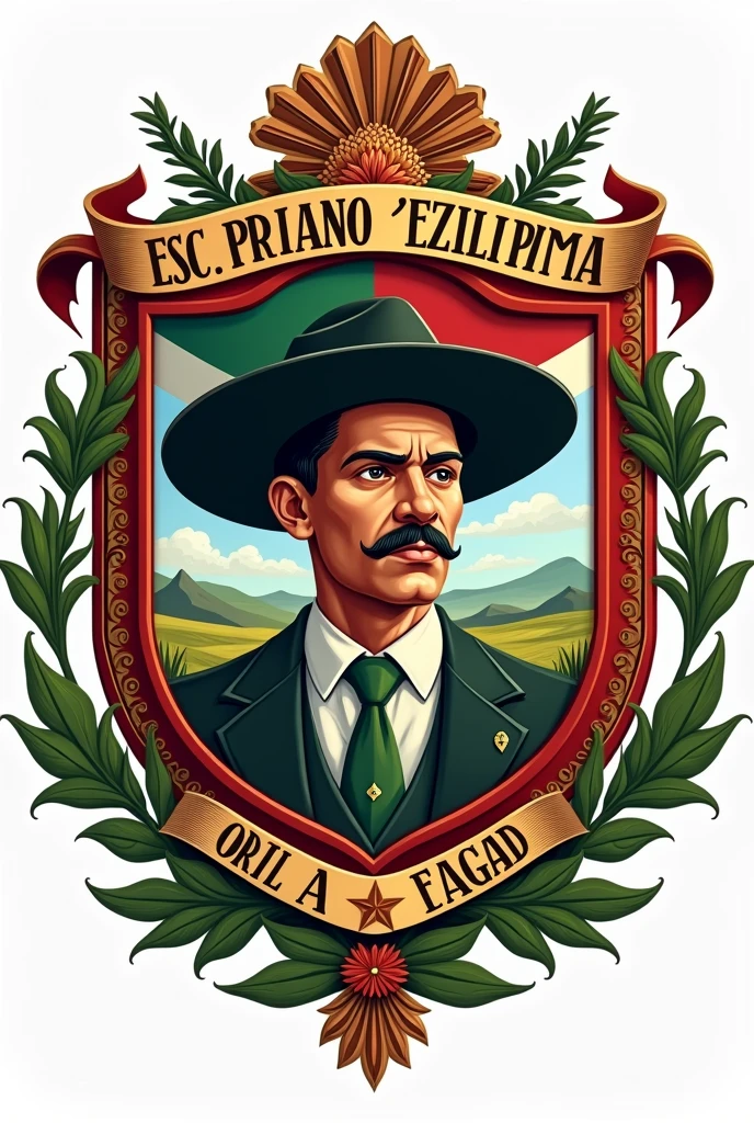 make a formal shield for an elementary school, with the face of Emiano Zapata, that says Esc.Prim."Emiliano Zapata "