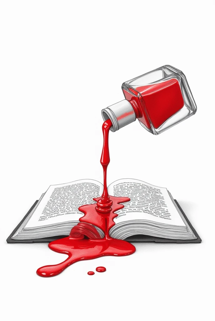 on a white background, make a simple drawing, Striped, made with pencil and minimalist of a bottle of red nail polish spilling on a book page 