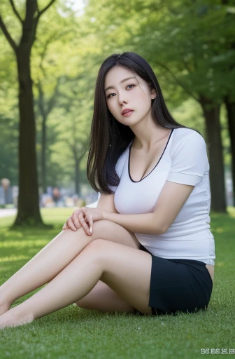 korean beauties, mixed korean, realistic, (((Best quality))), 8k, ((masterpiece)), (extremely delicate and beautiful), Highly detailed, ((Highly detailed face)), (Highly detailed eyes)) , Best quality, 1 girl, alone, (tight sports shirt: 1.1), shiny skin, dark hair, (big breasts: 1.4), short skirt, (sitting), in a park