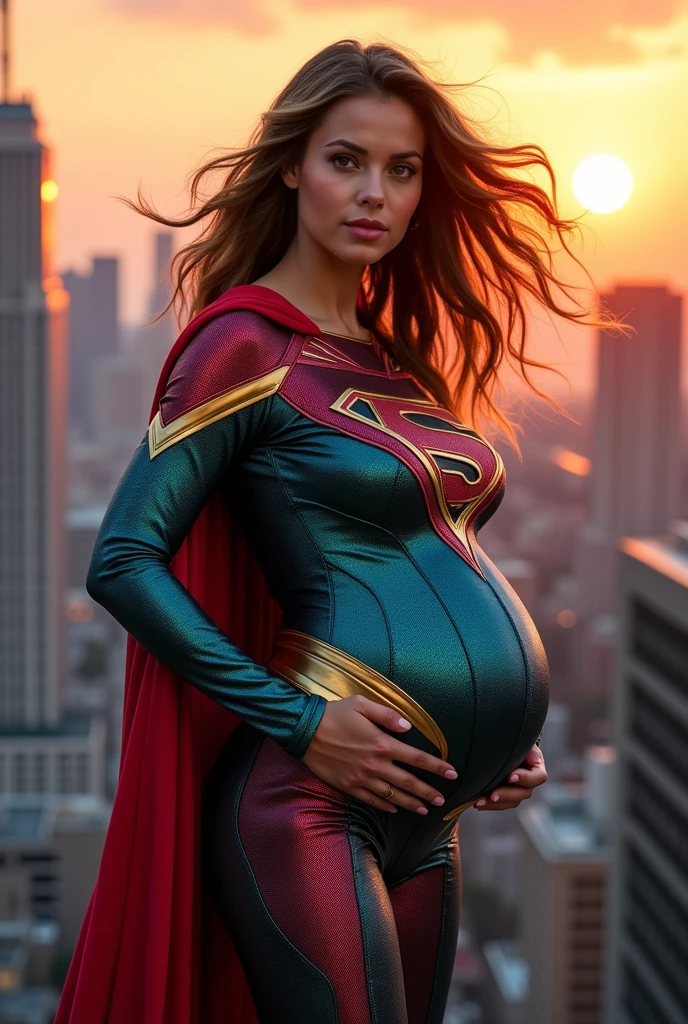model super hero woman very pregnant suit