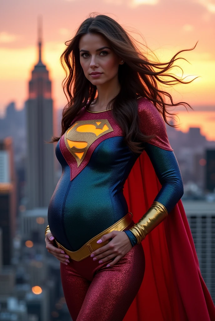 model super hero woman very pregnant suit