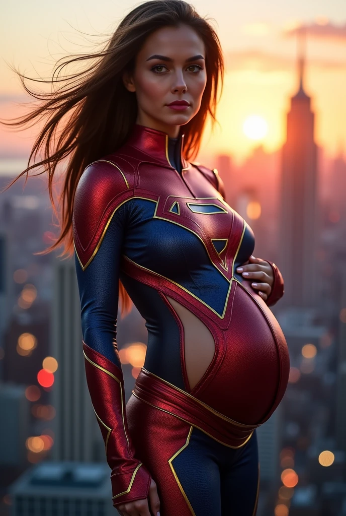 model super hero woman very pregnant suit