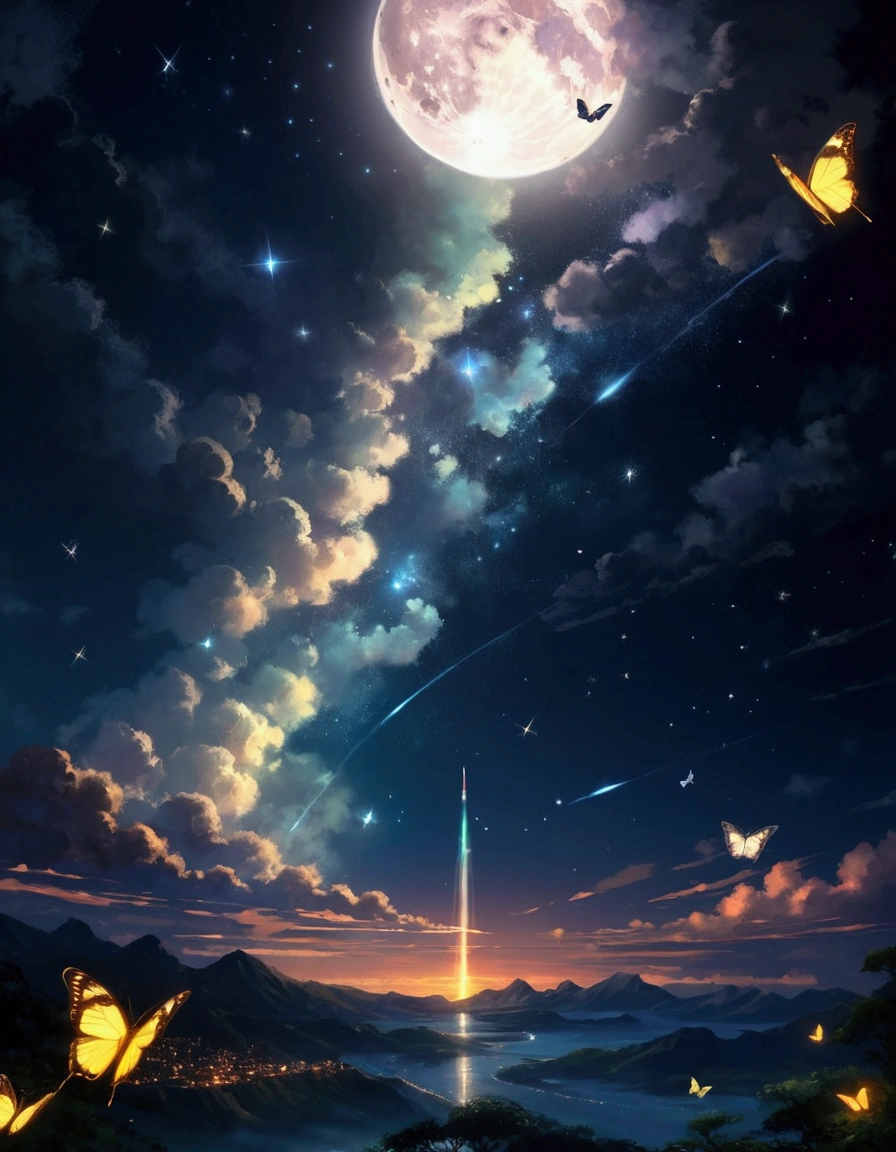 a painting of a full moon with a sky full of stars and butterflies, amazing wallpaper, space sky, beautiful iphone wallpaper, cosmic skies. by makoto shinkai, cosmic sky, magnificent background, beautiful anime artwork, anime art wallpaper 4 k, anime art wallpaper 4k, anime epic artwork, anime sky, beautiful wallpaper, anime art wallpaper 8 k, galaxy sky