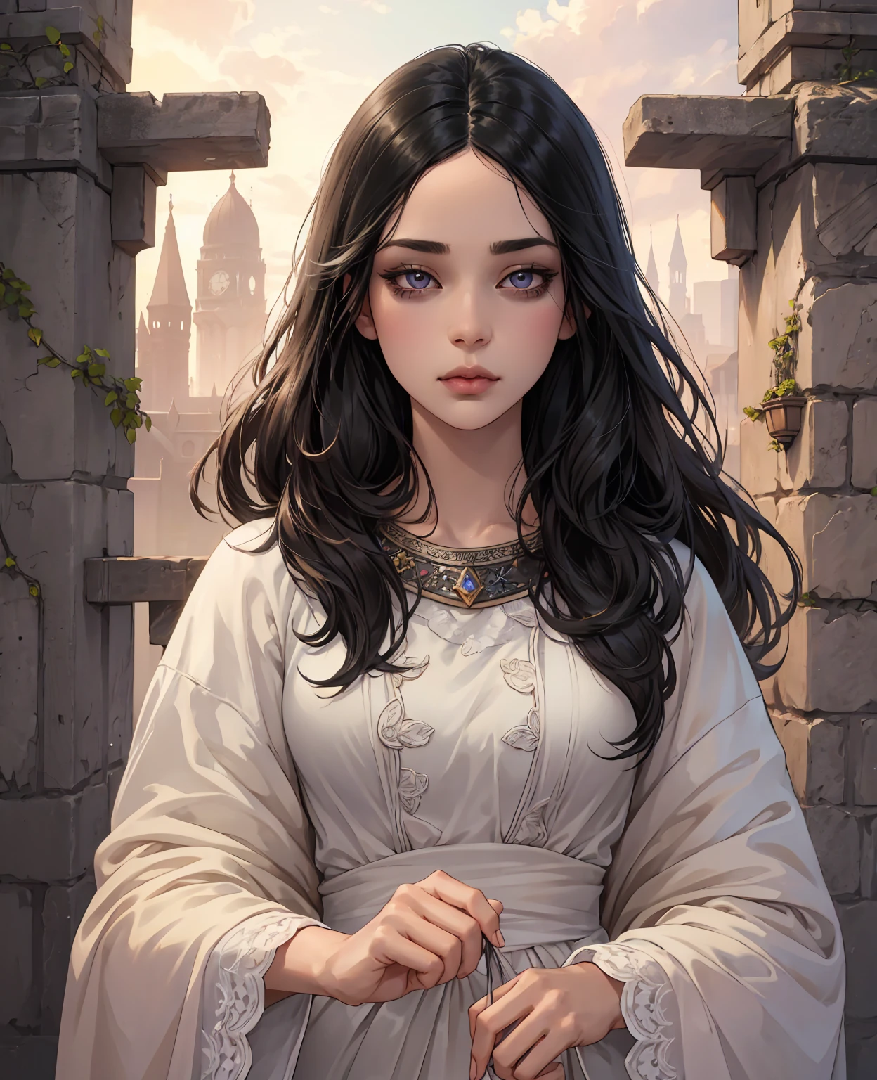 a short girl with long black hair, beautiful detailed eyes, beautiful detailed lips, extremely detailed face, longeyelashes, figure, cute expression, innocent look, fantasy, whimsical, soft pastel colors, natural lighting, warm color tones, cinematic, digital painting, highly detailed, masterpiece, 8k, photorealistic