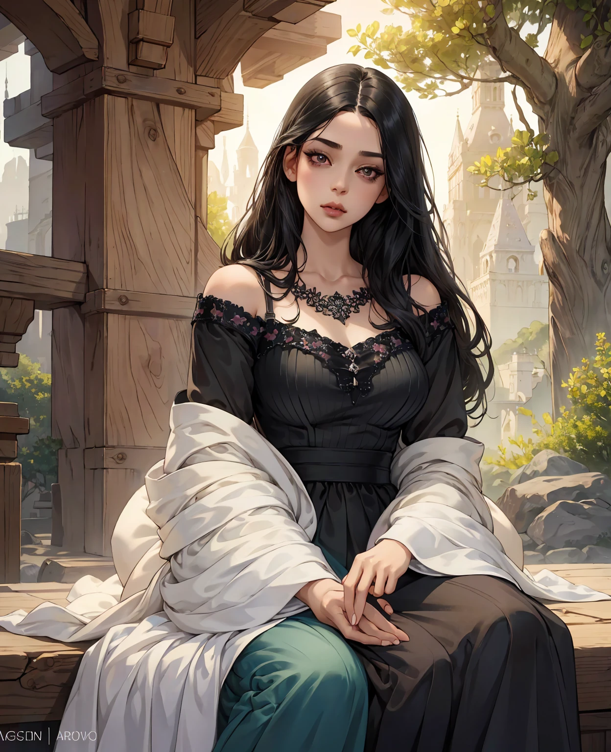 a short girl with long black hair, beautiful detailed eyes, beautiful detailed lips, extremely detailed face, longeyelashes,  figure, cute expression, innocent look, fantasy, whimsical, soft pastel colors, natural lighting, warm color tones, cinematic, digital painting, highly detailed, masterpiece, 8k, photorealistic
