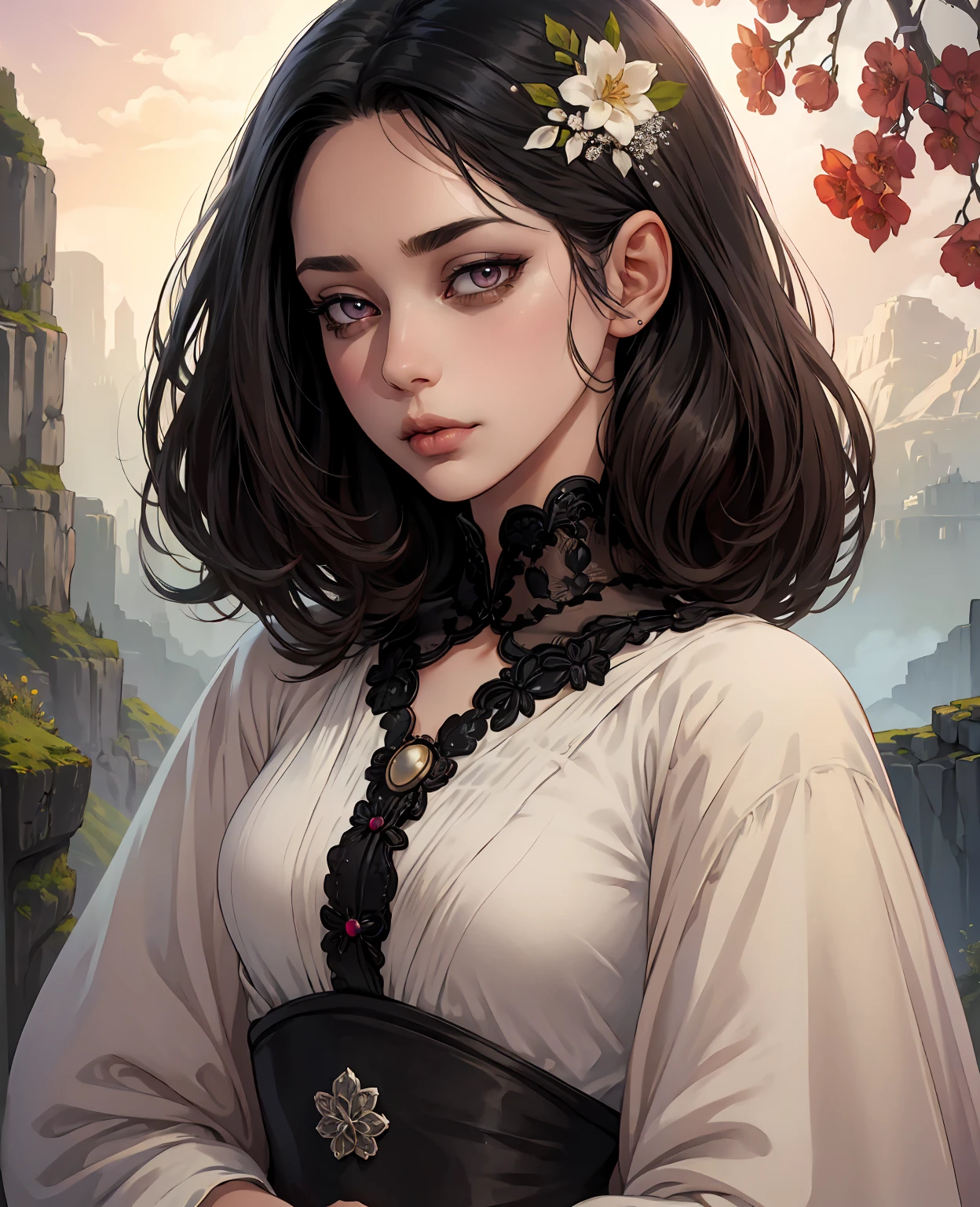 a short girl with long black hair, beautiful detailed eyes, beautiful detailed lips, extremely detailed face, longeyelashes, figure, cute expression, innocent look, fantasy, whimsical, soft pastel colors, natural lighting, warm color tones, cinematic, digital painting, highly detailed, masterpiece, 8k, photorealistic