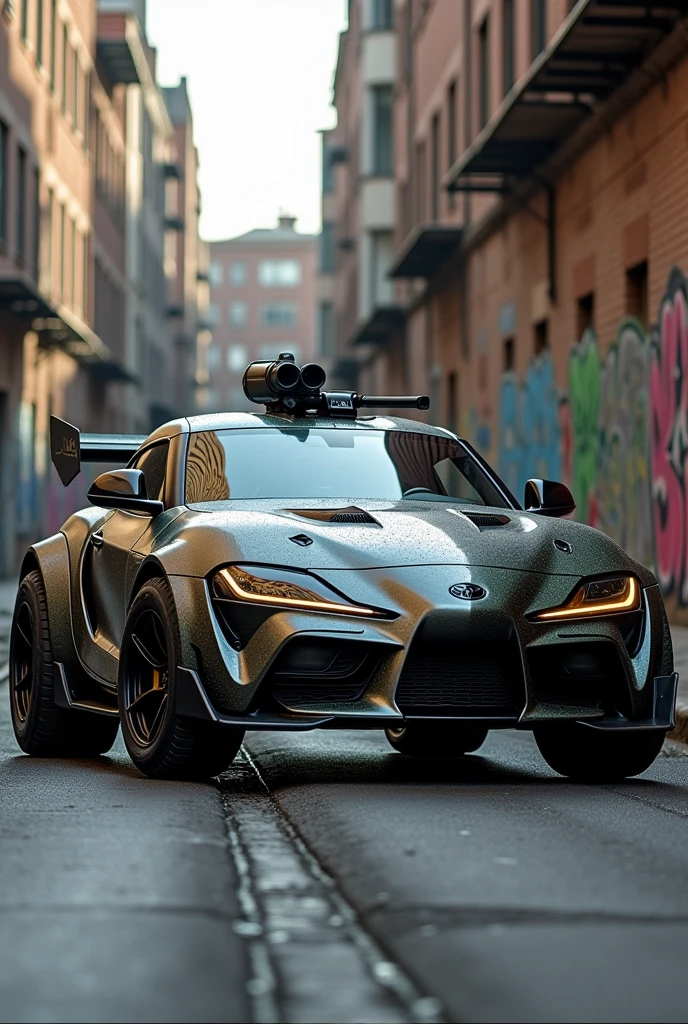 Toyota Supra modified with parts from a battle tank