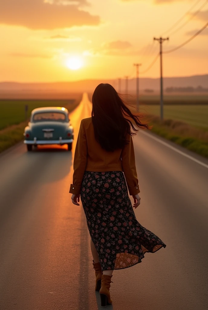 (photorealism:1.2), Professional portrait, a curve asian woman with long black hair, wearing a black floral dress, wearing suede jacket brown, wearing suede boot brown, walking
depicts a vintage car driving down a straight road that stretches to the horizon. The road appears to be in a rural area with farmland on either side, and the time of day appears to be either sunrise or sunset due to the warm color of the sky and the long shadows cast on the road. cinematic