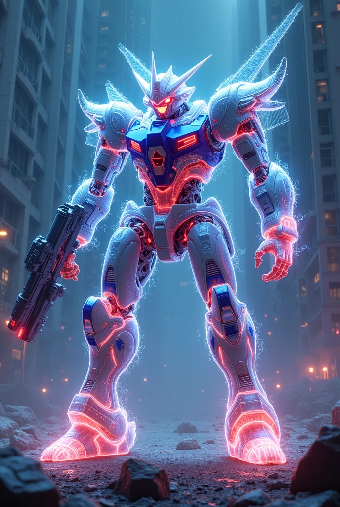 masterpiece, best quality, san francisco, Standing in space、 Hyperdimensional、Fluorescent filament、Beast Design、(Translucent armor, Visible internal mechanism):1.2、(White transparent base, Navy blue joints, Red internal mechanism)、(Chest wave gun、Shoulder beam launcher)、