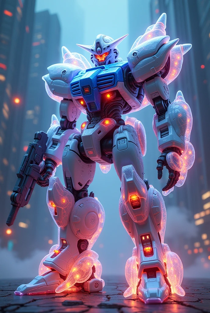 masterpiece, best quality, san francisco, Standing in space、 Hyperdimensional、Fluorescent filament、Beast Design、(Translucent armor, Visible internal mechanism):1.2、(White transparent base, Navy blue joints, Red internal mechanism)、(Chest wave gun、Shoulder beam launcher)、