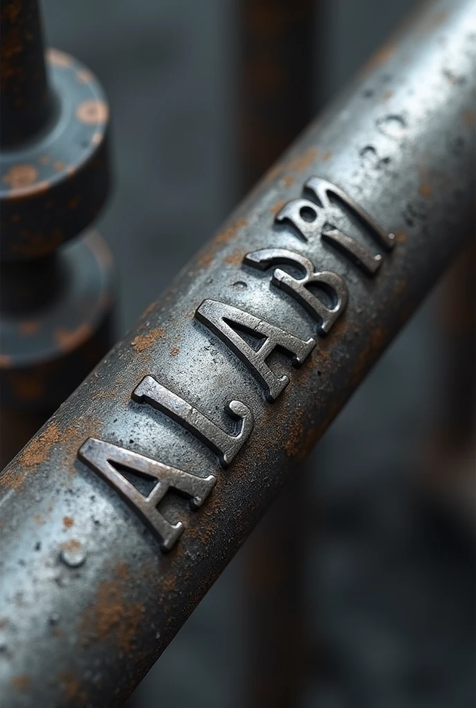 Generate a high-quality, detailed image of a steel rebar (sariya) with visible ribs running along its length. The rebar should have the text "ALAM STEEL" embossed deeply into the surface, in bold, industrial-style lettering that wraps around the rebar's curvature. The ribs should be pronounced, following the spiral pattern typical of reinforced steel bars. The text "ALAM STEEL" should look like it's been stamped or engraved into the metal, maintaining a strong, durable appearance, with the metallic texture and sheen clearly visible. Ensure that the overall design of the rebar reflects the realistic look of a construction-grade steel rod with all the characteristic features.