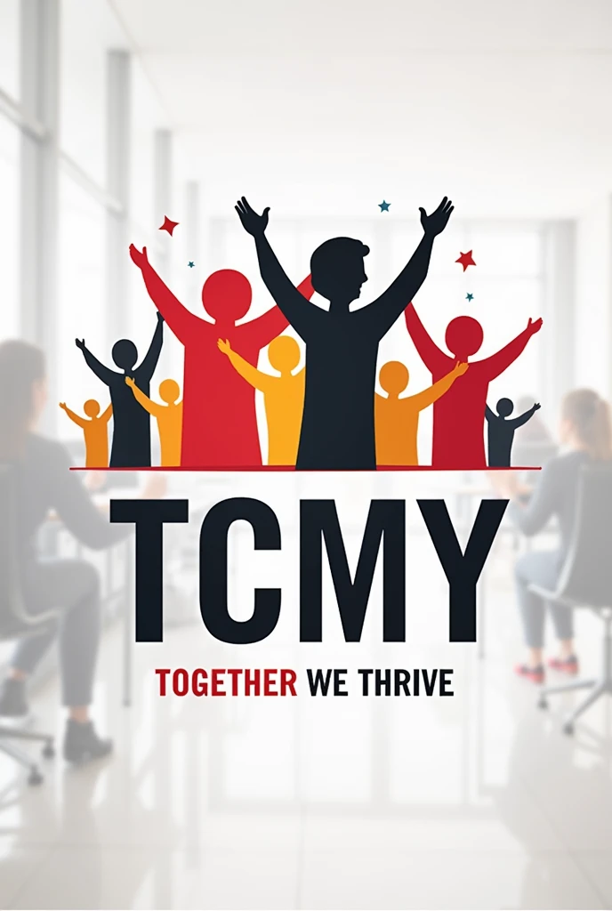 True black,Active Red,neutral grey. Please this colors
 Main Color Code. You may use White as well. 
Create a employee engagement team building logo 
Include (TCMY ) with tage line together we thrive 
With colorful humanoid 
Include blurred office background 