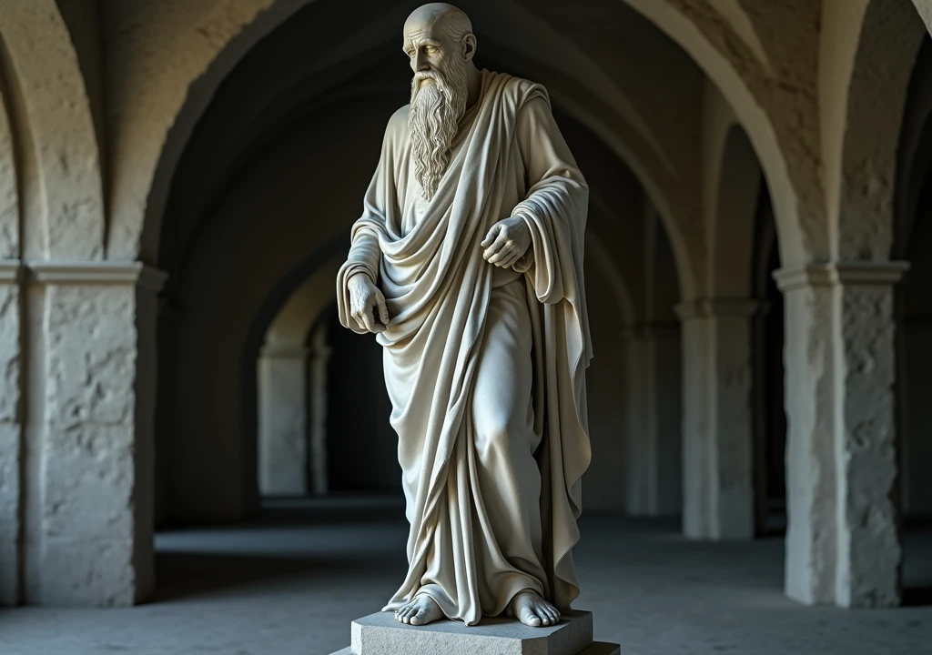 stoicism, motivation, stoic marble statue thinking,calm, setting, robe, long beard, aged, full body, hyper-realistic, 8k, old beautiful background, incredible, beautiful, black war old home frightening,