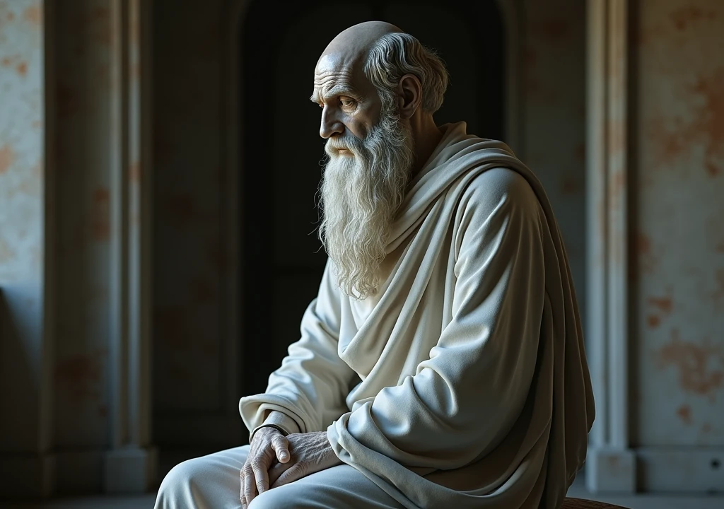 stoicism, motivation, stoic marble statue thinking,calm, setting, robe, long beard, aged, full body, hyper-realistic, 8k, old beautiful background, incredible, beautiful, black war old home frightening,
