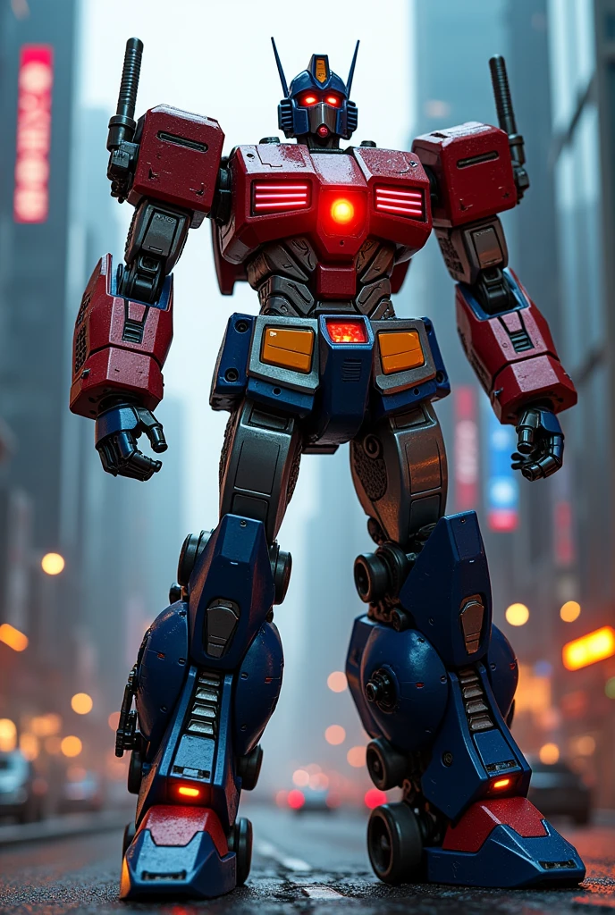 A highly detailed and Practical mecha robot, Gundam Optimus Prime, complex engineering, Complex machinery, future technology, Metal surface, Glowing energy core, Dramatic Lighting, Film composition, Epic, Dynamic poses, Strong presence, 8K, Extremely detailed, Practical, masterpiece, Movie Lighting, Dramatic shadows, Bright colors, Seamless Integration, photoPractical, Ultra Detailed, Mechanical complexity, industrial design, Advanced technology, Stunning visual impact