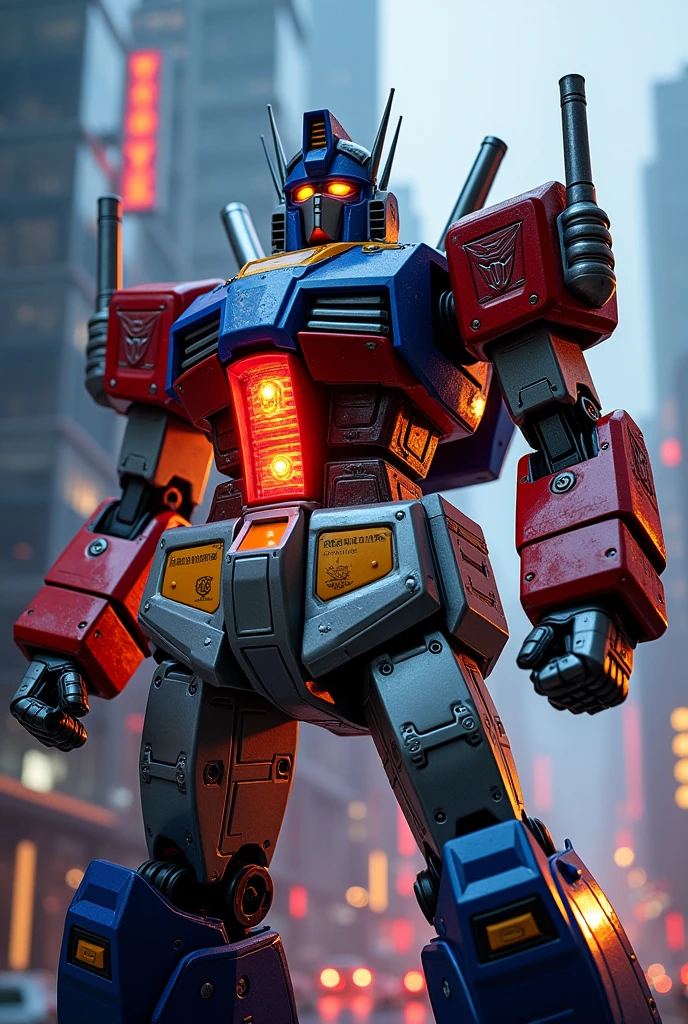 A highly detailed and Practical mecha robot, Gundam Optimus Prime, complex engineering, Complex machinery, future technology, Metal surface, Glowing energy core, Dramatic Lighting, Film composition, Epic, Dynamic poses, Strong presence, 8K, Extremely detailed, Practical, masterpiece, Movie Lighting, Dramatic shadows, Bright colors, Seamless Integration, photoPractical, Ultra Detailed, Mechanical complexity, industrial design, Advanced technology, Stunning visual impact
