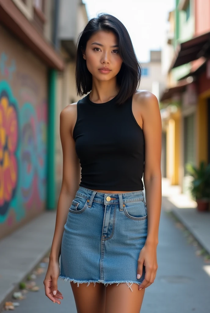 slightly tanned filipina with chinese eyes, straight short black hair up to shoulders, wearing muscle tank top black shirt, denim blue maong skirt, converse all star black, around 20 years old