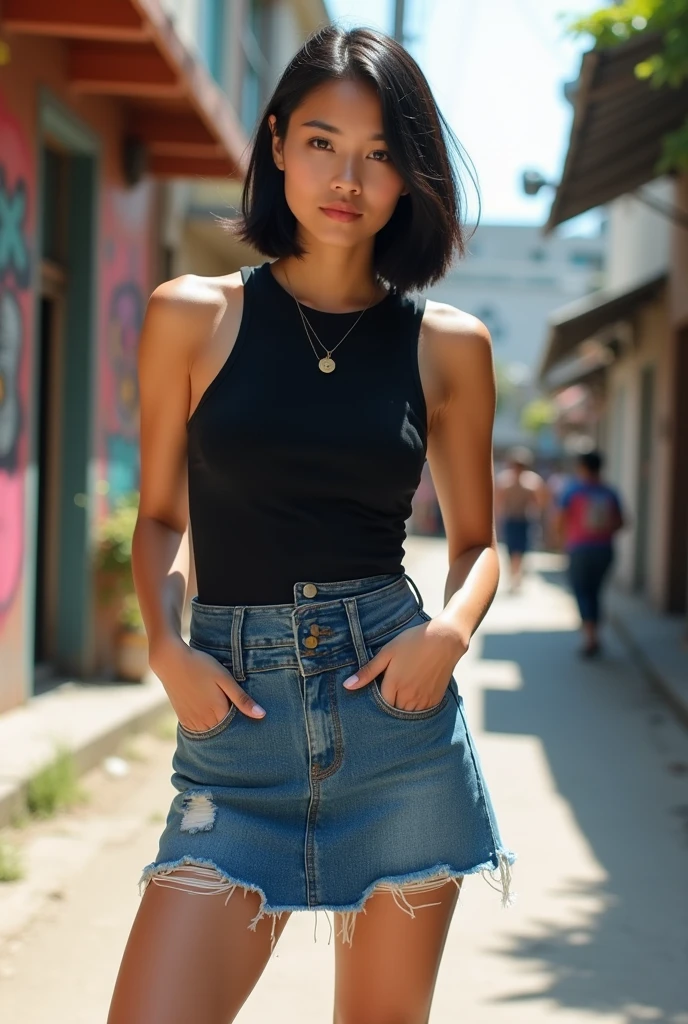 slightly tanned filipina with chinese eyes, straight short black hair up to shoulders, wearing muscle tank top black shirt, denim blue maong skirt, converse all star black, around 20 years old