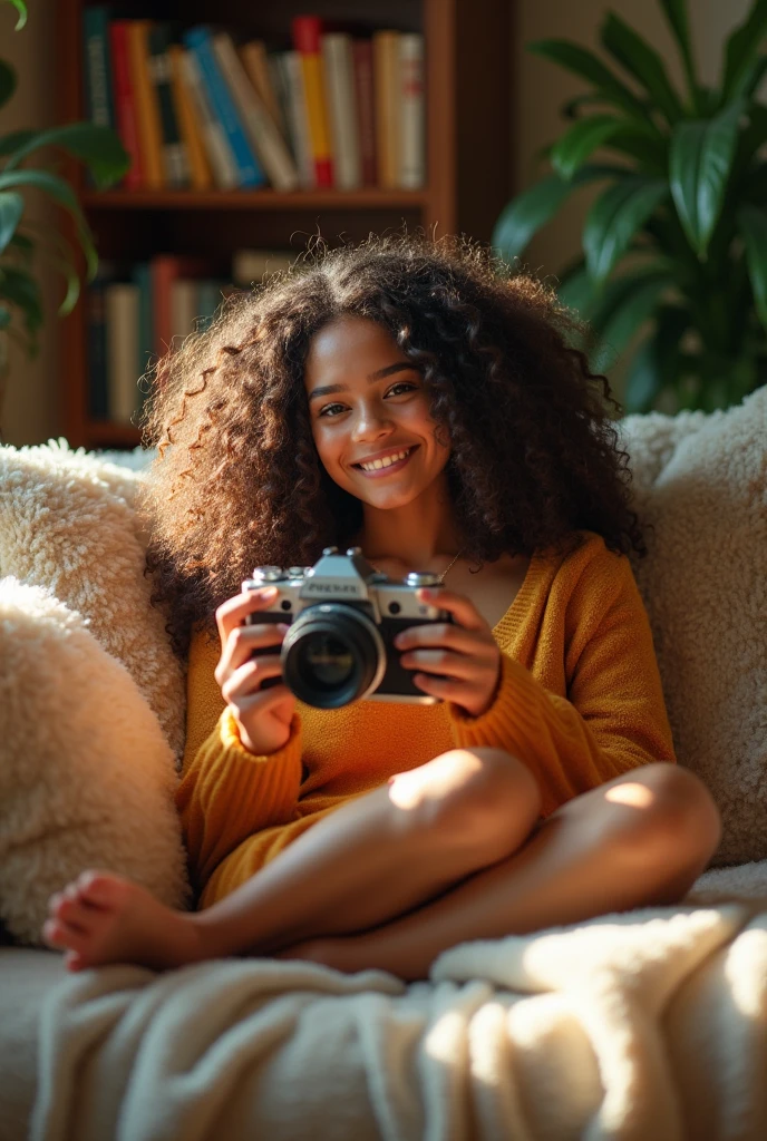 A brunette girl with curly hair and big breasts sits with her legs stretched out, taking a realistic photo