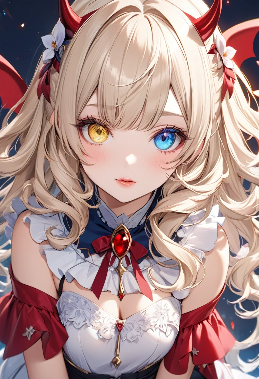 Devilishly cute charming girl, ((((Heterochromia Iridum - Red and Blue Eye Color))))、Blunt bangs, Milky Beige Hair, Long Curly Hair,Beautiful attention to detail, Beautiful lip detail, Very detailed顔, Devilish gestures, Attractive eyes, Long eyelashes, one person's, Digital Art, Monotone Color, Soft lighting, Cinematic, Erotic, ether, elegant, stylish, Fashionable, Mischievous:1.2, (Highest quality,16K,High resolution,masterpiece:1.2),Very detailed,(Ultra-realistic,Realistic,Realistic:1.37),Wink