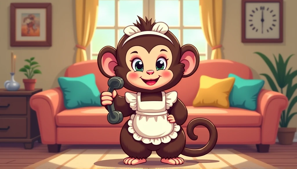 Fluffy little monkey, smile, Big eyes, Wear a maid&#39;s outfit, Standing phone, In the house, Snes drawing