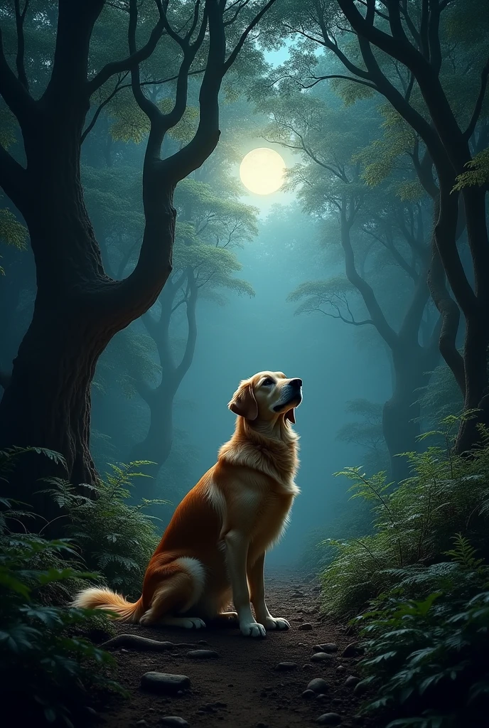 A dog in deep dark forest.