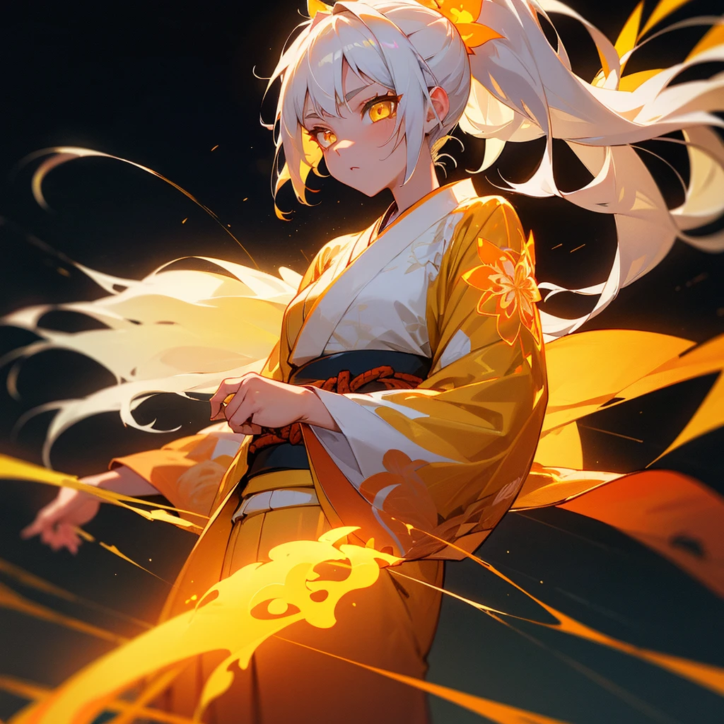 Girl, white hair, medium-length, ponytail, yellow eyes, glowing skin, glowing eyes, glowing hair, flush. See-through, kimono, orange and yellow embroidery on a white background, shiny and luxurious. Fireworks, glowing emojis, and attractive angles.
