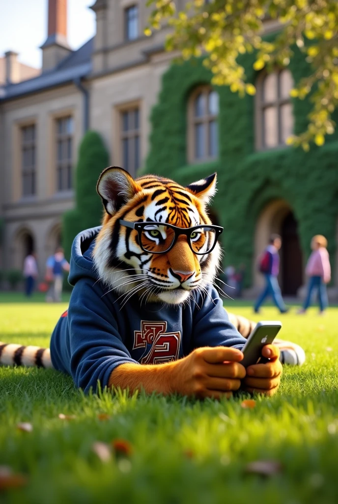 Create a university tiger that I started studying is playing on his cell phone