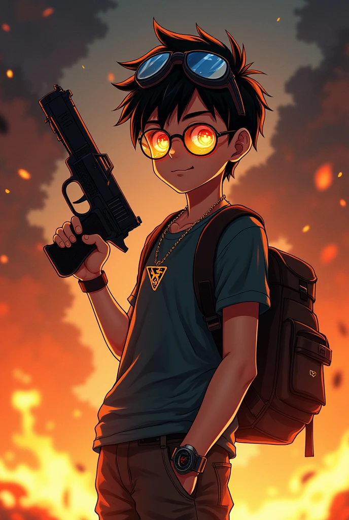 Anime boy single in hand desert eagle gun add bag add watch add goggles glasee add fire flow eyes add v locket
