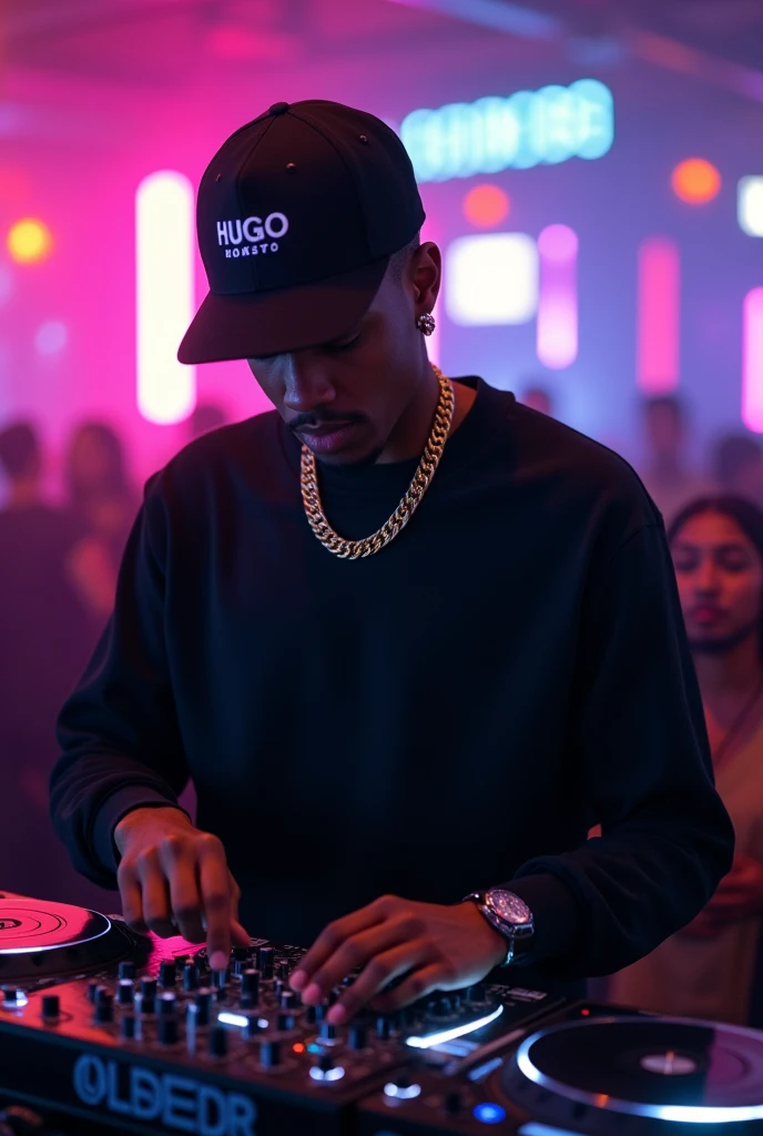 A 23-year-old dark-skinned boy with a black Superdry brand sweatshirt, a Hugo Boss cap and a gold chain playing rx dj with short hair