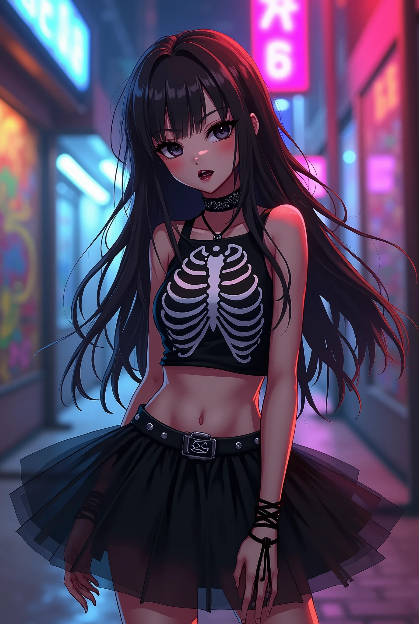 Anime girl with long dark brown hair, black eyes, black painted lips, She is wearing a black tutu skirt, skeleton crop top