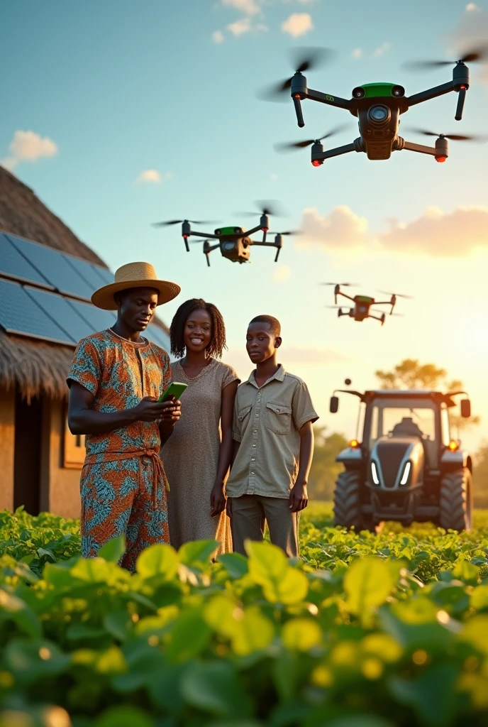 Title my picture RHIFLUX SMART FARMS at the top of the picture,An African farmer in village clothes on a smart phone, his family with him, their grass thatched house with solar panels, drones spraying water on plants, electric tractor in the farm, 2 workers using electric spray pumps, 