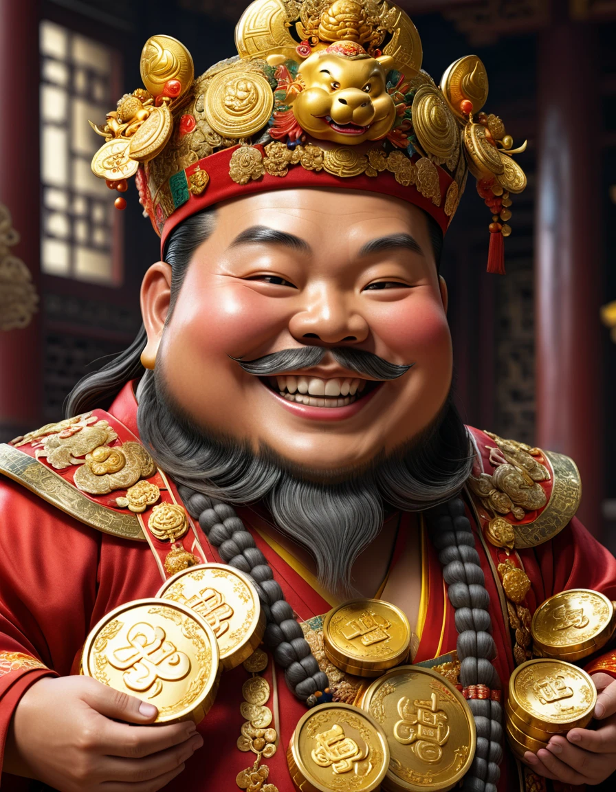 a smiling chubby chinese god of wealth in robes, holding a large sack of gold coins, detailed face features, intricate detailed clothing, ornate decorations, (best quality,4k,8k,highres,masterpiece:1.2),ultra-detailed,(realistic,photorealistic,photo-realistic:1.37),HDR,UHD,studio lighting,extreme detail description,professional,vivid colors,concept art