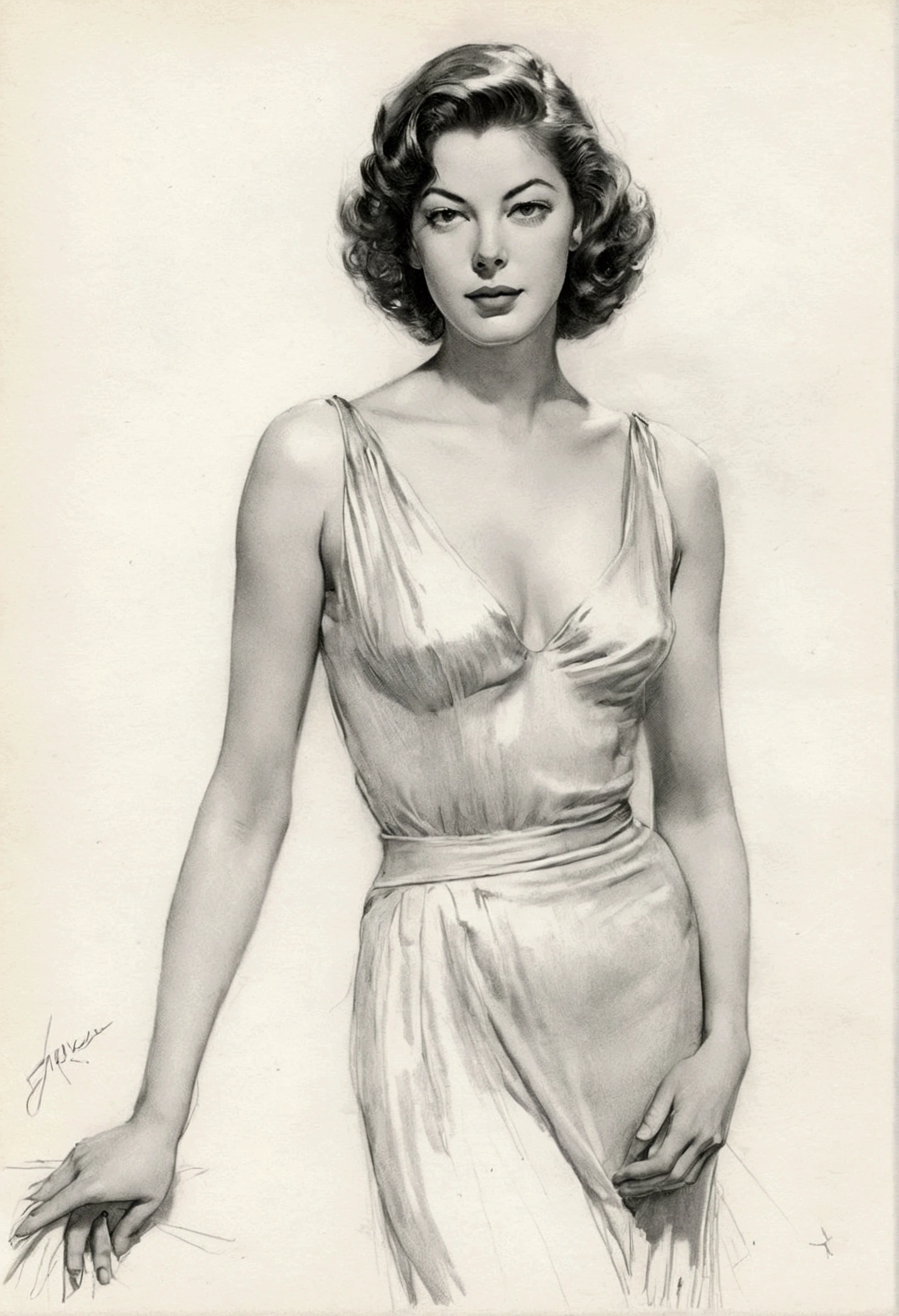A delicate, graphite sketch portrays, a nude young beautiful Ava Gardner, medium firm breasts, standing bare feet without background, her features rendered in subtle shading and precise lines. The framing is tight, focusing attention on the subject's serene face. Soft, feathery strokes convey the gentle texture of her hair,