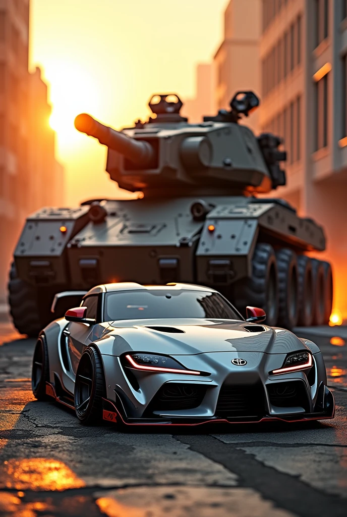 Modified Toyota Supra shares a battle tank 