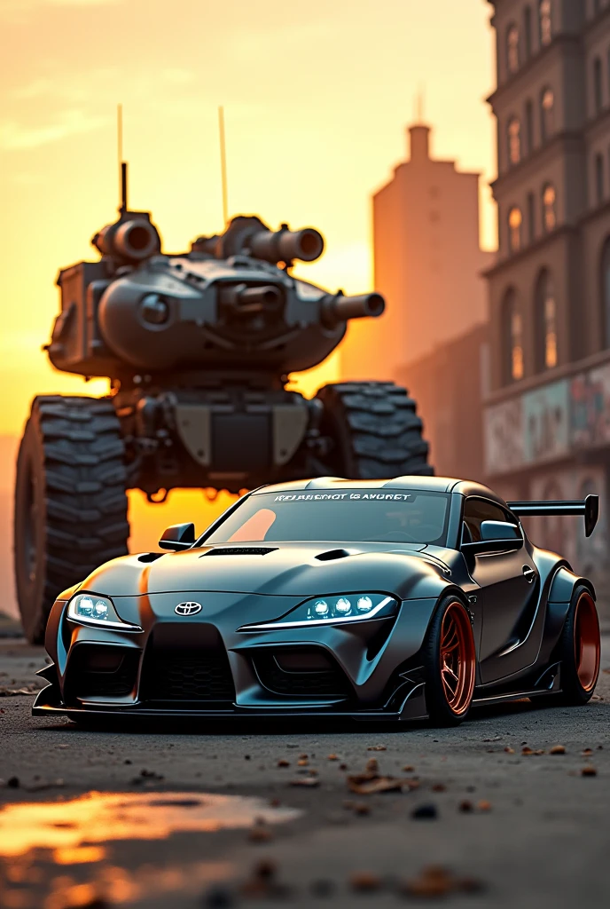 Modified Toyota Supra shares a battle tank