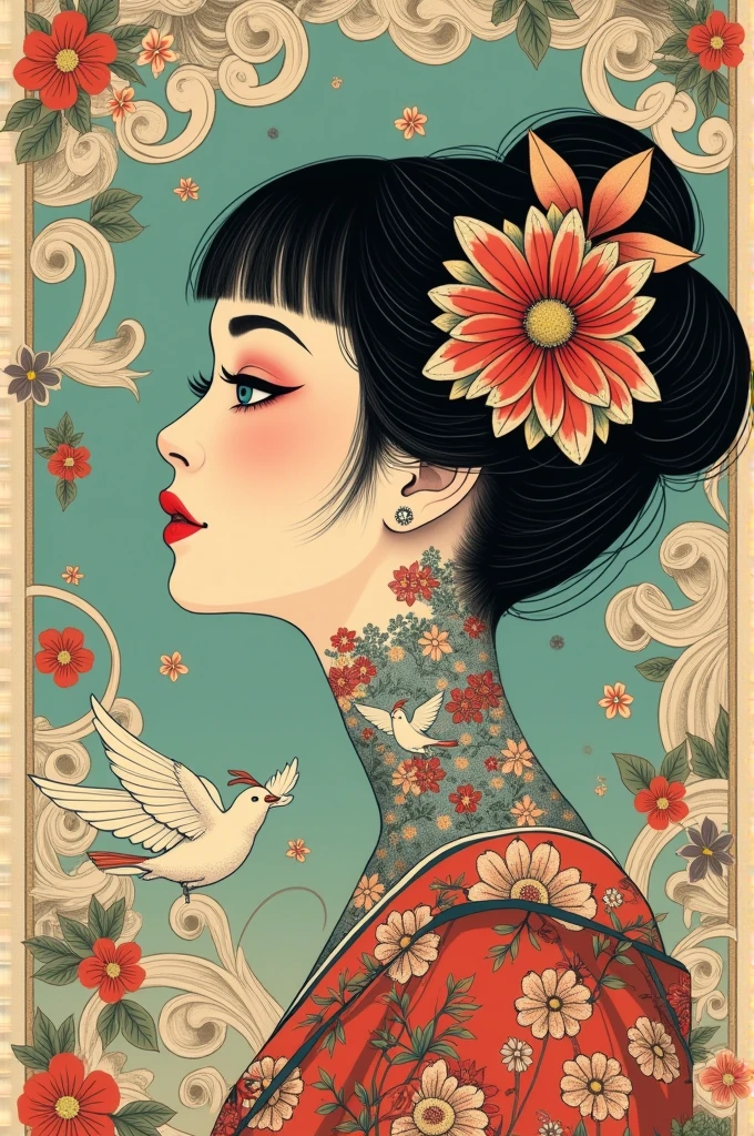 ((best quality)), ((masterpiece)), (detailed), ((perfect face)), surreal, art nouveau, sparrows, fantasy, sci-fi, line drawing, japanese, traditional, vintage, elegant, chic, sophisticated, tattooed face,