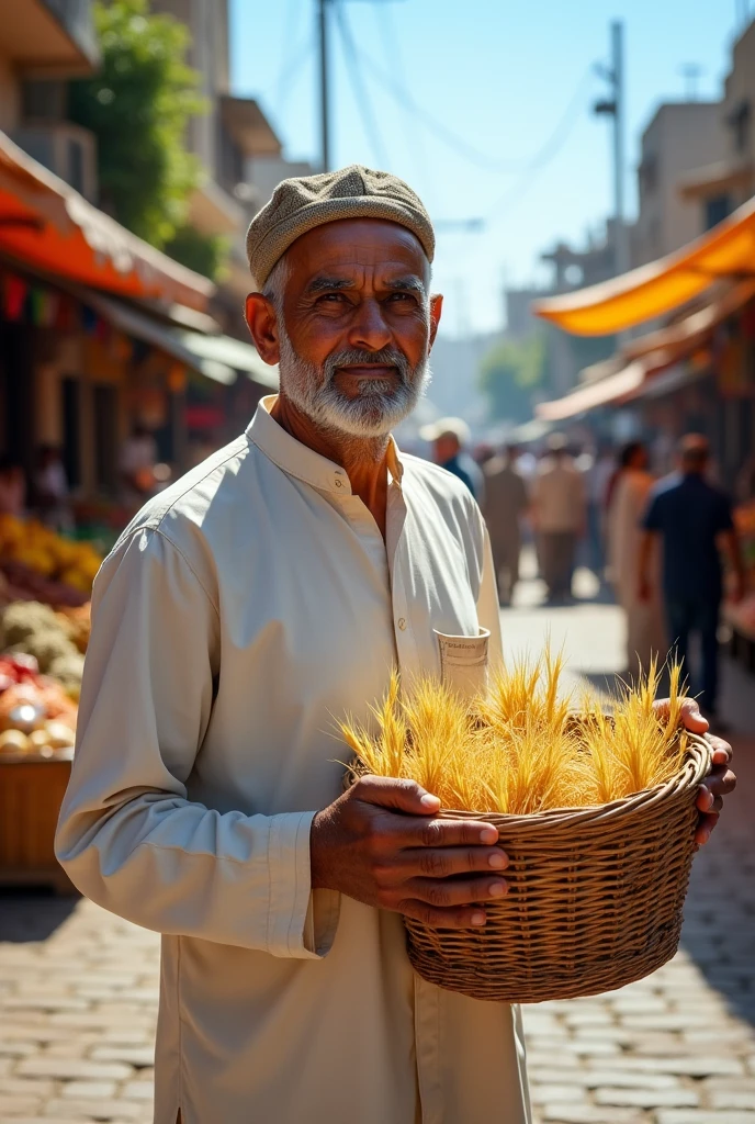 A realistic image of a modern. A poor islamic old man took his paddy to market