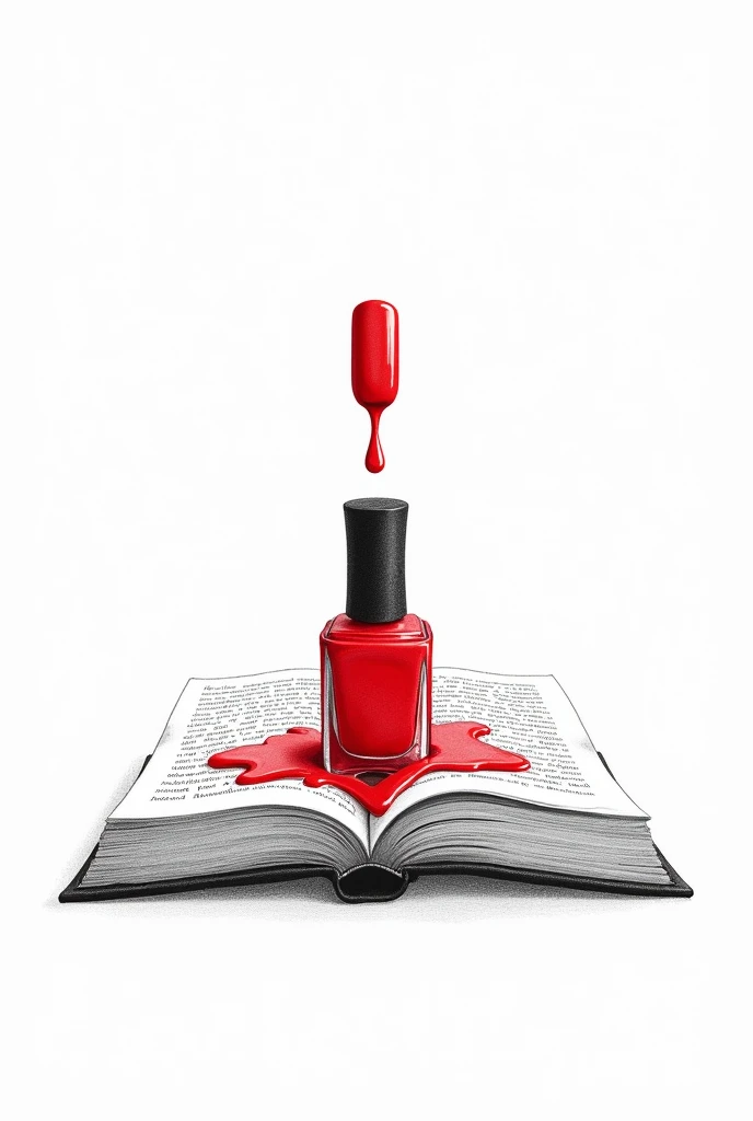 on a white background, make a simple drawing, Striped, made with pencil and minimalist of a bottle of red nail polish spilling on a book page
