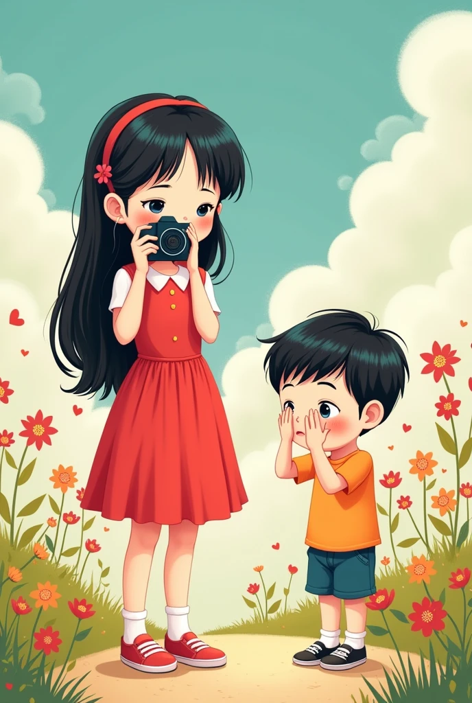 Styl obrazkowy, cartoon. , white complexion, ciemne włosy. The girl has a white complexion, blond włosy, red dress. The girl holds a camera in her hands, robi zdjęcie twarzy chłopca. standing in front of her. The boy in the photo covers his face with his hands., he is afraid.