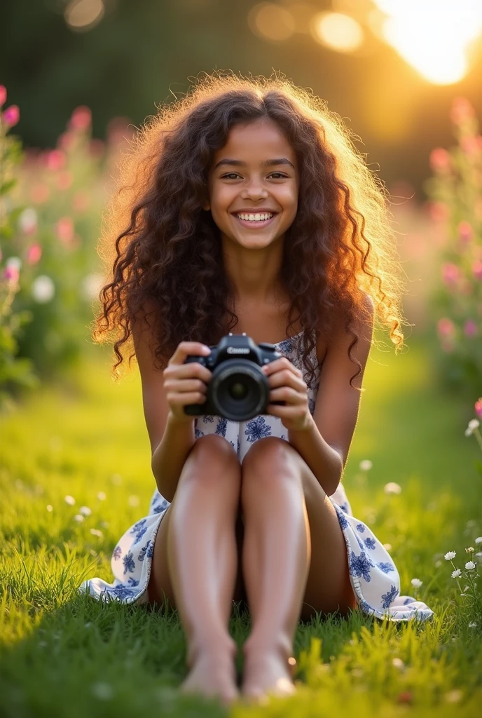 A brunette girl with curly hair and big breasts sits with her legs stretched out, taking a realistic photo