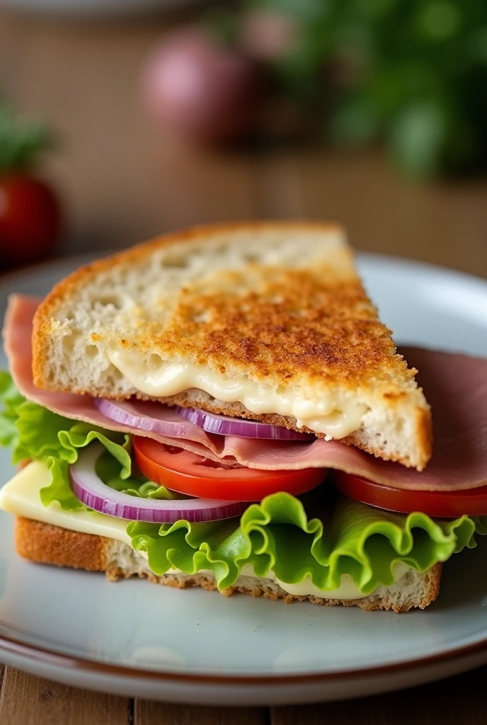 a plate put 1 thin  bread put some cheese put some ham
put lettuce and tomato onion cut the sandwich triangle into 2 pieces