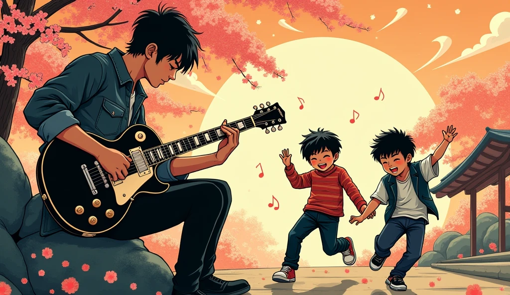 Rock Guitarist's Father、Two boys dancing、Ukiyo-e style、The guitar is a black Les Paul、Anime Style、force